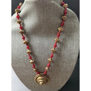 Vintage Brass Medallion Glass Bead Statement Necklace Boho Festival Res Gold